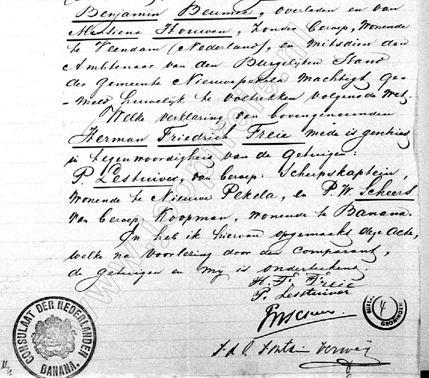 Huwelijkstoestemming door Hermann Friedrich Freie in 1893 in Banana, Congo